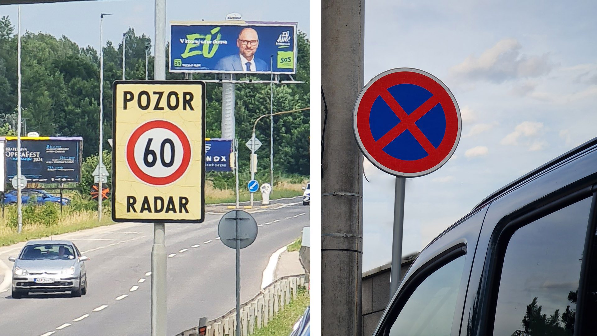 Dopravné značky na ľavej a pravej strane cesty, ilustračná fotografia (foto: E. Stríž)