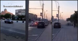 Koláž screenshotov videa nehody BMW X5 v meste