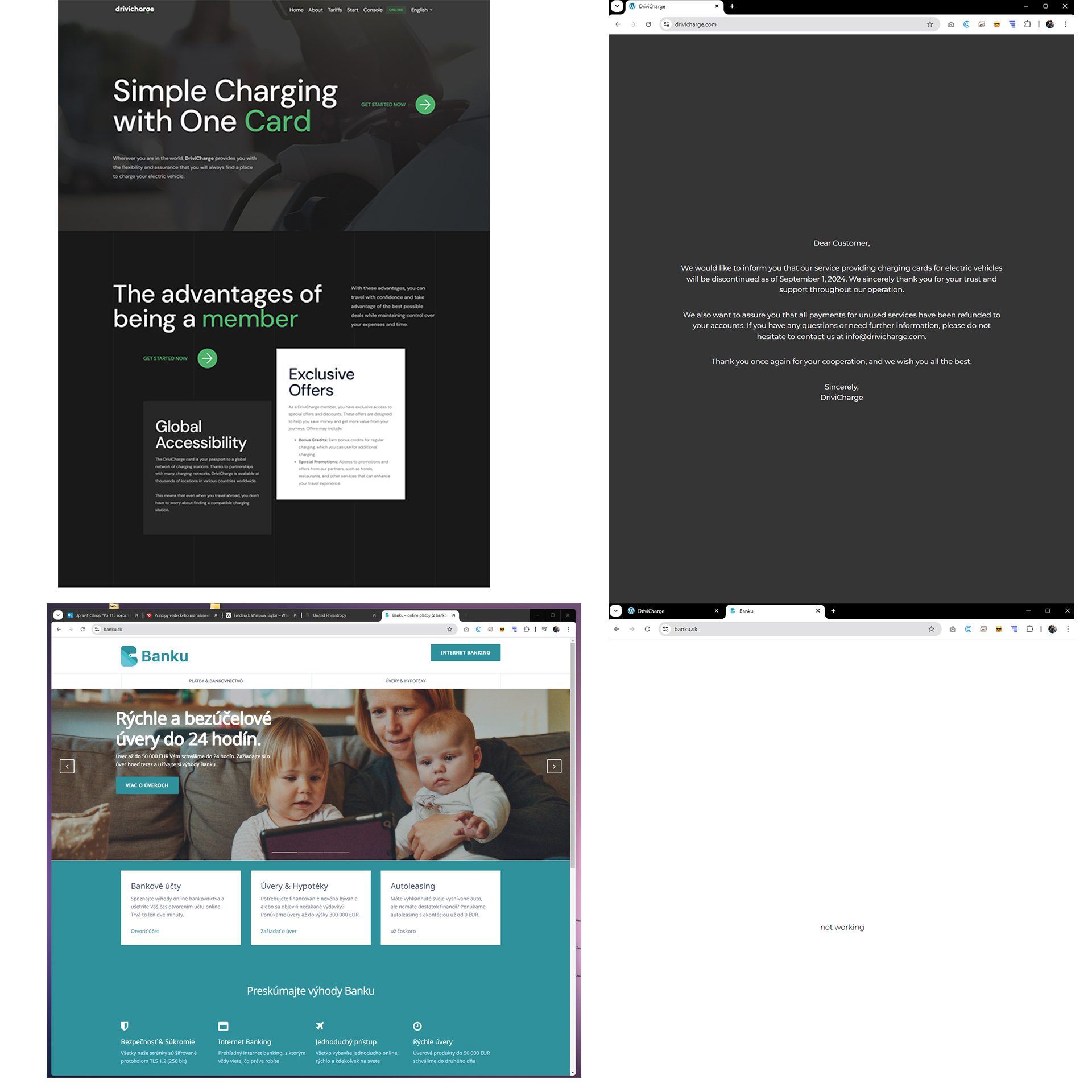 Predchádzajúca a aktuálna podoba webstránok drivicharge.com a banku.sk